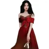 Ethnic Clothing Woman Off Shoulder Exquisite Sequins Wedding Dress Floor-Length Elegant A-Line Burgundy Party Formal Toast Gown