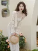 Casual Dresses Romantic Elegant White Lace Embroidery Strap Party Dress for Women Fashion V-Neck Sexig Seaside Holiday Beach Vestidos