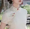 Ethnic Clothing Chinese Traditional Lace Trim Mandarin Collar Satin Long Style Qipao Fashion Elegant Lady Short Sleeve Cheongsam Everyday
