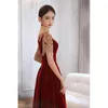 Vestuário étnico Gola de renda Vestido de festa formal Cheongsam Vestido de noiva de veludo chinês com borlas Vestidos elegantes linha A