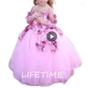 Robes Fille Pageant Robe Rose 3D Floral Anniversaire Princesse Fête Manches Longues Étage Longueur Fleur