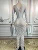 Stage Wear Sparkly Silver Rhinestones Transparent Long Sleeves Dress Evening Birthday Celebrate Costume Dancer Nightclub Performance