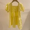 여름 소녀 달콤한 목가적 인 스타일 스퀘어 칼라 퍼프 슬리브 드레스