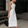 Jurken Fsda White Midi Backless Dress Dames Hollow Out 2021 Summer Bandage Sexy Beach Spaghetti Riem Black Casual Dresses