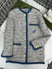 Women's Jackets designer 23 Autumn New Celebrity Style Elegant Blue Grey Mixed Color Interlocking Logo Embroidered Gold Button Tweed Coat 1MY1