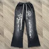 Hellstar flare black flame pants تغسل السراويل الرياضية المتشابكة قيعان الجرس بالإضافة إلى حجم السراويل SMLXL