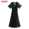 Tangada mode femmes solide noir plissé maille robe à manches courtes avec ceinture dames élégant midi vestidos CE697 210611