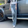 Jeans feminino versão coreana de cintura alta Tubo reto feminino solto Calças lavadas Street Light Mop magro Perna larga