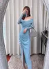 AuthS-elf Portrait Cross Chest Mist Blue Sexy Off Shoulder High Grade Split Dress Long Dress