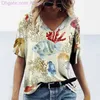 2023 New Women's T-shirt Tops Tee Ladies Ocean Fashion Casual Short Sleeve Digital Print V-Neck Summer Top Tshirts Woman Clothing Shirts