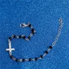 Charm Bracelets Fashion Design Rosary Style Sideways Cross Bracelet Black Beads Gold Color Chain For Women Girls