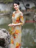 Ethnische Kleidung Chinesische Verbesserung Sexy Floral Bedrucktes Qipao Mode Vintage Frauen Mädchen Sieben Punkte Ärmel Cheongsam Kleid