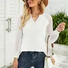 Kvinnors blusar Elegant Fashion Woman Shirt Vintage V Neck Kvinnor Toppar Blus Hollow Patchwork Lace Sleeve Chic Women's