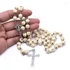 Pendant Necklaces 8mm Cross Pink Spotted Rosary Necklace Catholic Christian Party Wedding Prayer Bead Religious Chain Jewelry
