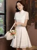 Ethnic Clothing Novelty White Lace Mini Cheongsam Chinese Traditional Embroidery Flower Dress Classic Handmade Button Qipao Vestidos Size