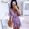 Dicloud kvinnor lila blommig wrap klänning sommar elegant flare hylsa boho tryck mini sundress sexig v hals damer 210611