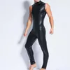 Herrspårar män underskjortor pu läder pvc jumpsuits bodybuilding leotrad ärmlösa brottning singlets bodysuits latex playsuits