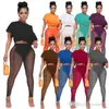 2023 Mesh Byxor Outfits Designer träningsoveraller Dam Sommar Navel Exponerad Kort T-shirt Skira Yoga Leggings Tvådelade Set 859