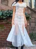 Party Dresses Y2K Puff Sleeve White Lace Long Dress Patchwork Mesh Elegant Chic Beach Summer Aesthetic Sheer Sexy Outfits