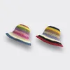 Breda brimhattar Bucket Fashion Rainbow Straw Sunscreen Hat Women Summer Korean Hollow Color Blocking Design Casual Knit Cap Beach Vacation 230627