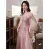 Etnische Kleding Roze Elegant Temperament Beroemdheid Formele Feestjurk Applicaties Lantaarn Mouw Banket Avond Vrouwelijk Mesh Cheongsam