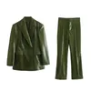 Women's Two Piece Pants Vintage Office Lady Leather Women Suit Green Solid Double Breasted Pocket Blazer Zipper Button Fashion 2023 Sets