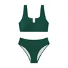 Women's Swimwear Women's High Waist Bikini Solid Color Strip Suit Swimsuit 2 Piece Sports Underwear Tankini Set