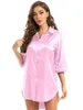 Women's Sleepwear Womens Satin Nightgowns Silk Sleepshirt Button Down Sleep Dress Long Sleeve Boyfriend Notch Collar