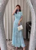 Auth S-elf Portrait Mist Blue Doll Neck Bow Lace Waist Sweetheart Dress Premium Heavy Duty Long Dress