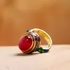 Bröllopsringar Original Ancient Gold CraftsManship Natural Carnelian Rings for Women Flower Emamel National Style Light Luxury Jewelry 230627