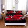 Conjunto brilhante rosa vermelha digital impresso 3pc poliéster lençol capa de colchão quatro cantos com elástico folha de cama fronhas