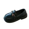 Кроссовки Spring Girls British Boys Leather Shoes Children Soft Mary Janes Metal Kids Fashion Casual Solid Black Slip-on Loafers 230626