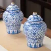 Decorative Objects Figurines Goldplated Ceramic Tea Jar Vintage Blue and White Porcelain Sealed Storage Moistureproof Candy Food Pot Container 230627