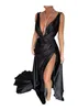 Sirène sexy robes de bal noires longues pour les femmes plus taille de profonde v cou de cou de coude haut de côté plissé drapé