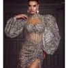 Stage Wear Silver Gray Long-sleeved Split Long Skirt Toast Evening Dress High-end Sequin Party Social