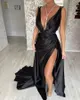 Mermaid Sexy Black Prom Dresses Long For Women Plus Size Deep V Neck Satin High Side Split Draped Pleats Formal Ocn Evening Birthday Club Party Pageant Gowns mal