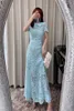 New S/elf Portrait Mist Blue Doll Neck Bow Lace Waist Sweetheart Dress High Grade Heavy Duty Long Dress