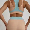 Roupas fitness europeias e americanas femininas com cor contrastante sutiã esportivo cintura alta levantamento de quadril modelador de perna legging esportiva para ioga