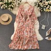 FMFSSOM Bohemian Style Flower Maxi Dress Women Summer Belt Belt Elastic Midja med foder Vneck Betterfly Sleeve Clothes 220526