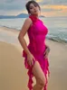 Casual Kleider Y2K Rüschen Fee Frauen Sexy Mesh Durchsichtig Mini Bodycon Sommer Rose Rot Unregelmäßige Strand Party Club Outfits 223 23327
