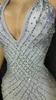 Stage Wear Vrouwen Sexy Sparkly Silver Rhinestone Diepe V-hals Backless Lange Jurk Vieren Bruiloft Avondjurk Verjaardag