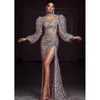 Stage Wear Silver Gray Long-sleeved Split Long Skirt Toast Evening Dress High-end Sequin Party Social