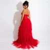 Sexy Split Tulle Cascading Ruffles Evening Dresses for Women Elegant Off Shoulder Strapless Croset Lace Maxi Dress Ball Gown