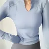Koszulki damskie joga kombinezon koreański cztery sezony stojak na szyję bluzki fitness z długim rękawem T-shirt w dekolcie Slim Fit Elastyczność Niebieskie T-shirty