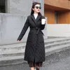 Fur 2021 New Woman Jacket Parkas Belted Space Cotton Diamond Plaid Coat Down Women's Over the Knee Winter Clothing Coat