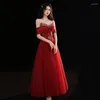 Ethnic Clothing Woman Off Shoulder Exquisite Sequins Wedding Dress Floor-Length Elegant A-Line Burgundy Party Formal Toast Gown