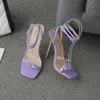 レディサンダルのレディースヒールスタイルスリムなかかとの紫色の女性の靴薄いストラップ付き夏の特大のファッショナブルハイ230615