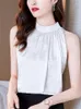 Kvinnors blusar Fashion Women Blue Elegant Satin Summer 2023 Ärmlös Löst tryck Halter Pullover Top Office Lady Formal Shirts