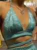 T-shirt da donna Tossy Sparkle Halter Top per le donne Sexy Bandage Lace-Up Backless Corsetto Canotte Canotta Party Bustier Sliver Glitter Bra Top J230627