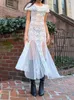 Party Dresses Y2K Puff Sleeve White Lace Long Dress Patchwork Mesh Elegant Chic Beach Summer Aesthetic Sheer Sexy Outfits